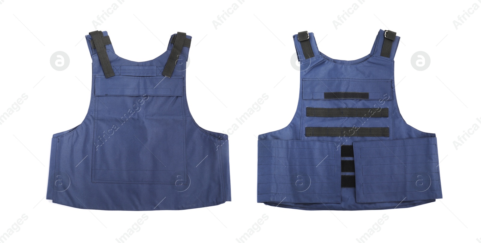 Image of Bulletproof vest on white background, back and front. Police equipment