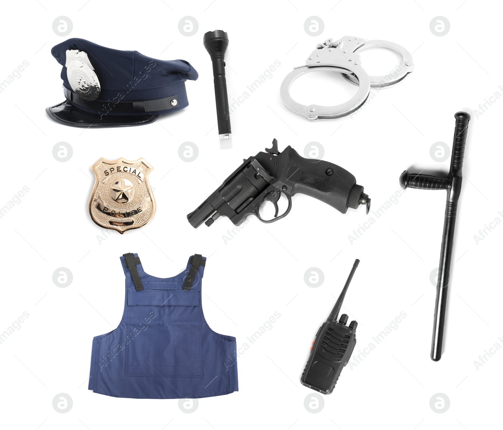 Image of Set of police equipment isolated on white