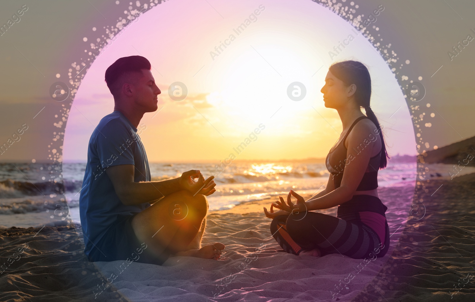 Couple meditating in Lotus pose on beach. Bubble around them representing aura Image of Couple meditating in Lotus pose on beach. Bubble around them representing aura