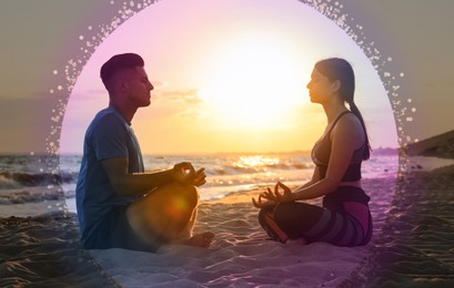 Image of Couple meditating in Lotus pose on beach. Bubble around them representing aura