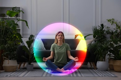 Image of Woman meditating in Lotus pose at home. Rainbow bubble around her representing aura