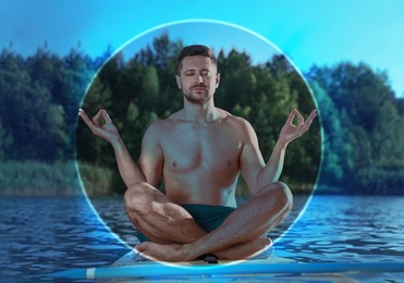 Image of Man meditating in Lotus pose on SUP board. Bubble around him representing aura
