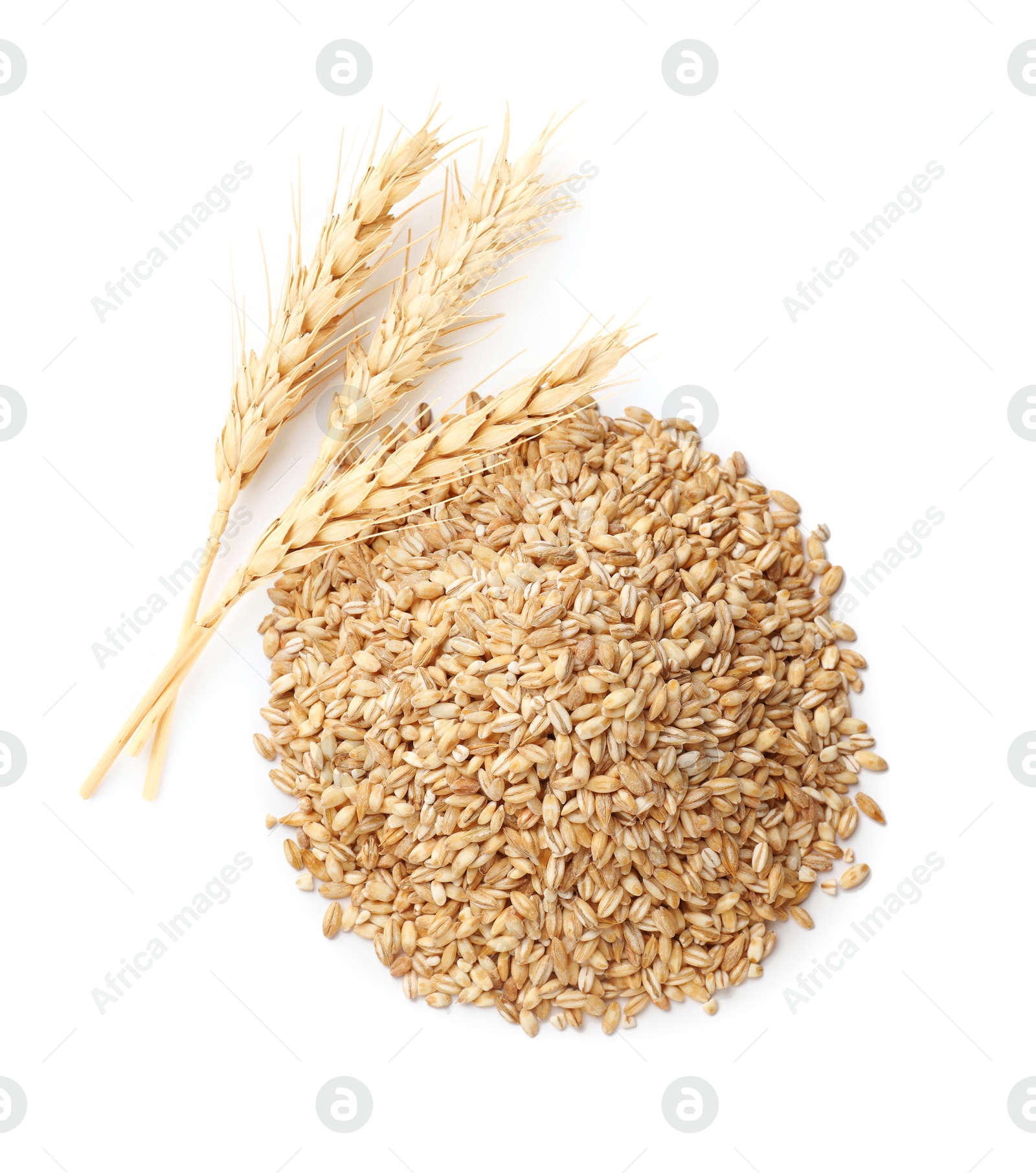 Image of Wheat ears and grains on white background, top view