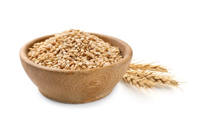Image of Wheat grains in bowl and spikelets on white background