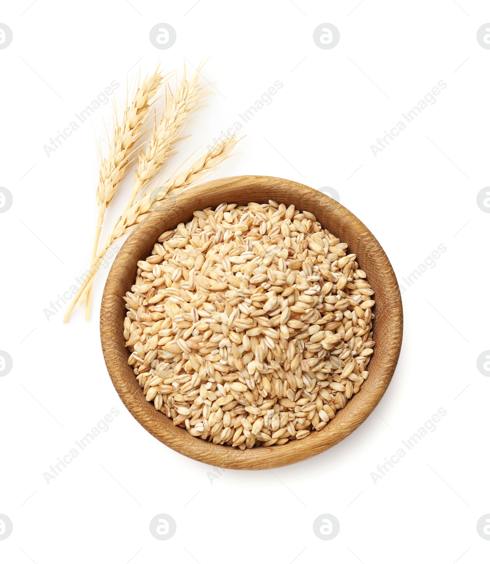 Image of Wheat grains in bowl and spikelets on white background, top view