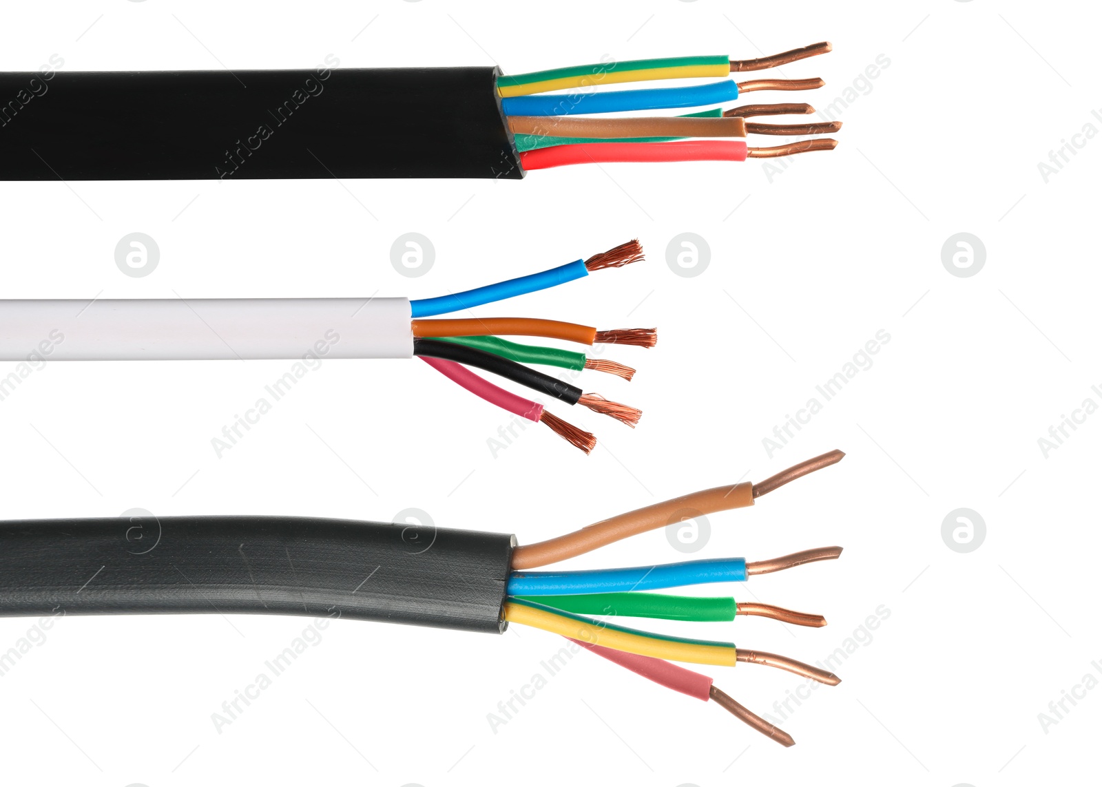 Stripped wires with copper strands isolated on white, set Image of Stripped wires with copper strands isolated on white, set