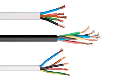 Image of Stripped wires with copper strands isolated on white, set