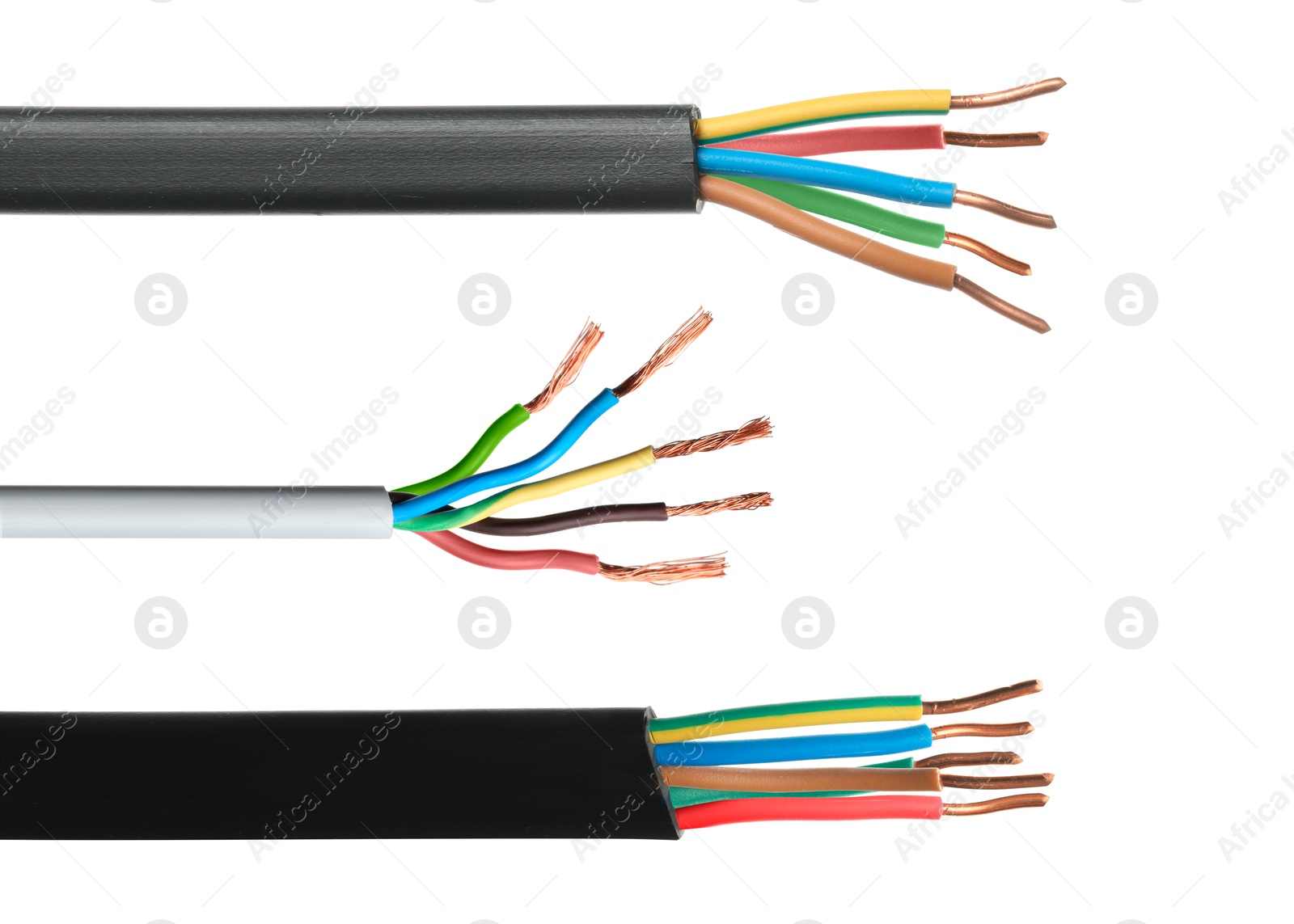 Stripped wires with copper strands isolated on white, set Image of Stripped wires with copper strands isolated on white, set