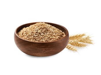 Image of Wheat grains in bowl and spikelets on white background