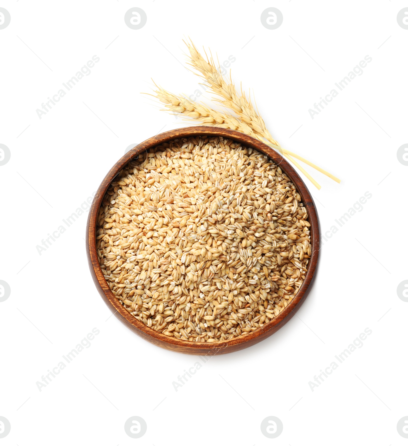 Image of Wheat grains in bowl and spikelets on white background, top view