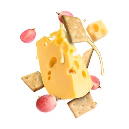 Image of Cheese, grapes, crackers and honey in air on white background. Tasty appetizers for cheese board