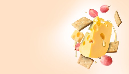 Image of Cheese, grapes, crackers and honey in air on pink beige background. Tasty appetizers for cheese board