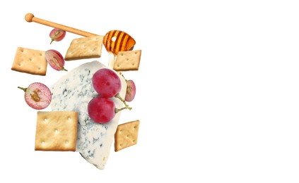 Image of Cheese, grapes, crackers and honey in air on white background. Tasty appetizers for cheese board