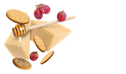 Image of Cheese, grapes, crackers and honey in air on white background. Tasty appetizers for cheese board