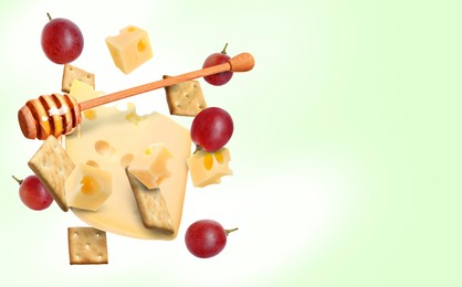 Image of Cheese, grapes, crackers and honey in air on light green gradient background. Tasty appetizers for cheese board
