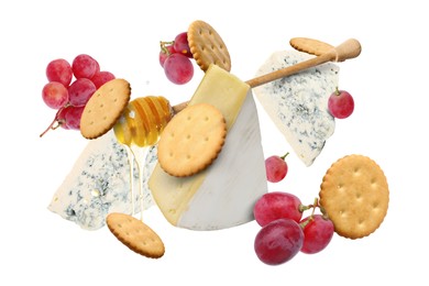 Image of Cheese board products in air on white background. Different types of cheese, grapes, crackers and honey