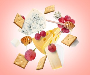 Image of Cheese board products in air on pink gradient background. Different types of cheese, grapes, crackers and honey
