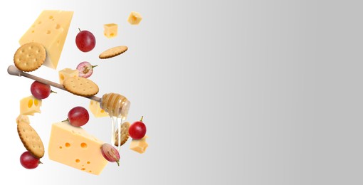 Image of Cheese, grapes, crackers and honey in air on grey gradient background. Tasty appetizers for cheese board