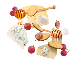 Image of Cheese board products in air on white background. Different types of cheese, grapes, crackers and honey