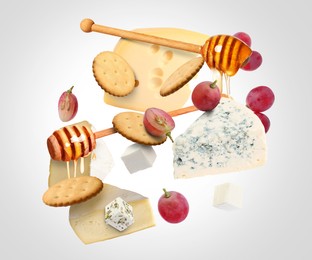 Image of Cheese board products in air on grey gradient background. Different types of cheese, grapes, crackers and honey