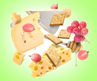 Image of Cheese board products in air on light green background. Different types of cheese, grapes, crackers and honey