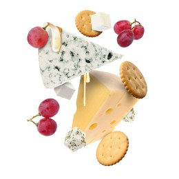 Image of Cheese board products in air on white background. Different types of cheese, grapes, crackers and honey