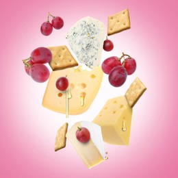 Image of Cheese board products in air on pink gradient background. Different types of cheese, grapes, crackers and honey