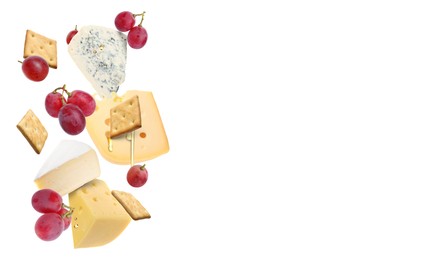 Image of Cheese board products in air on white background. Different types of cheese, grapes, crackers and honey