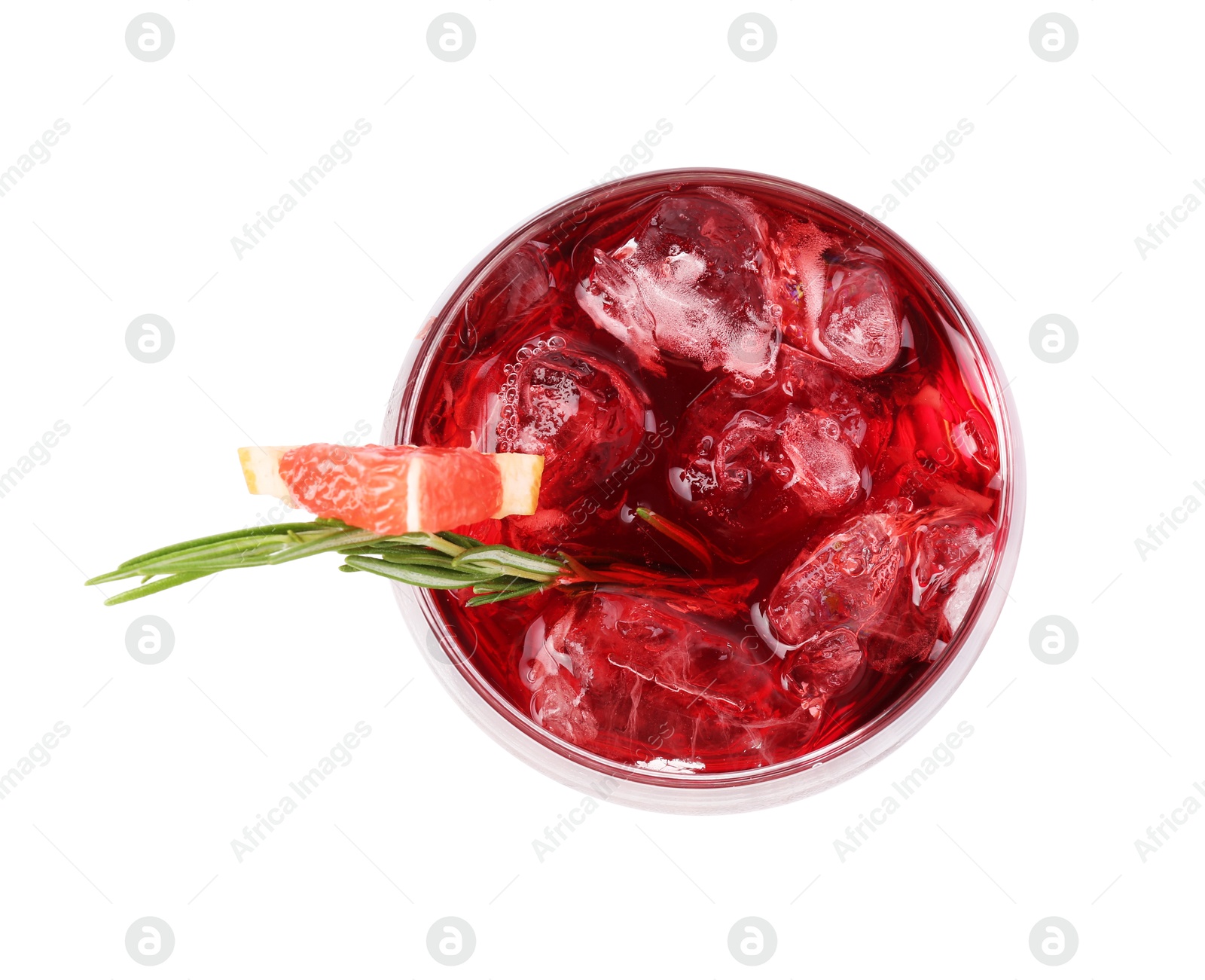 Photo of Tasty cocktail with grapefruit, ice cubes and rosemary isolated on white, top view