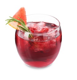 Photo of Tasty cocktail with grapefruit, ice cubes and rosemary isolated on white