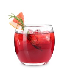 Photo of Tasty cocktail with grapefruit, ice cubes and rosemary isolated on white
