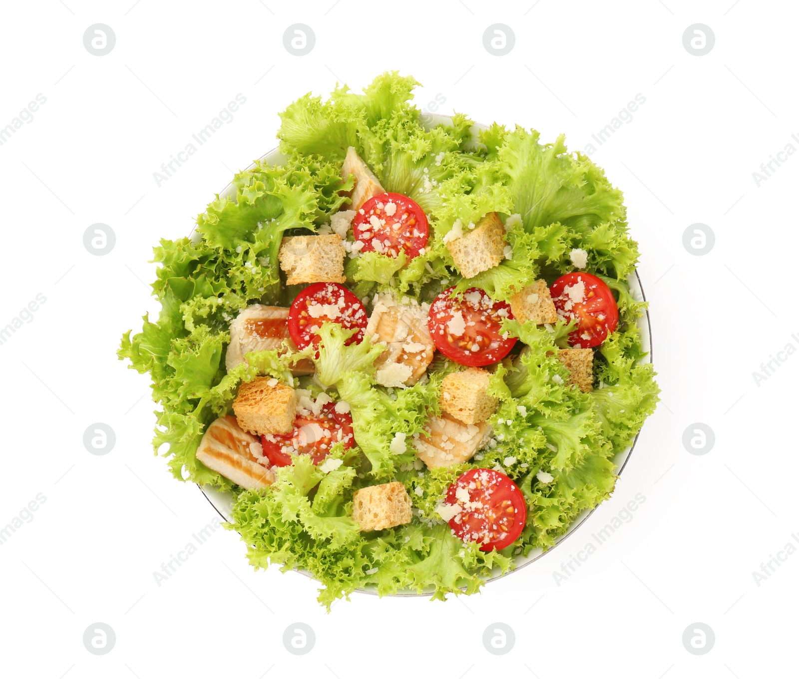 Photo of Tasty salad with croutons, tomatoes, cheese and chicken isolated on white, top view