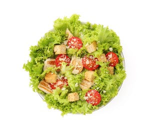 Photo of Tasty salad with croutons, tomatoes, cheese and chicken isolated on white, top view