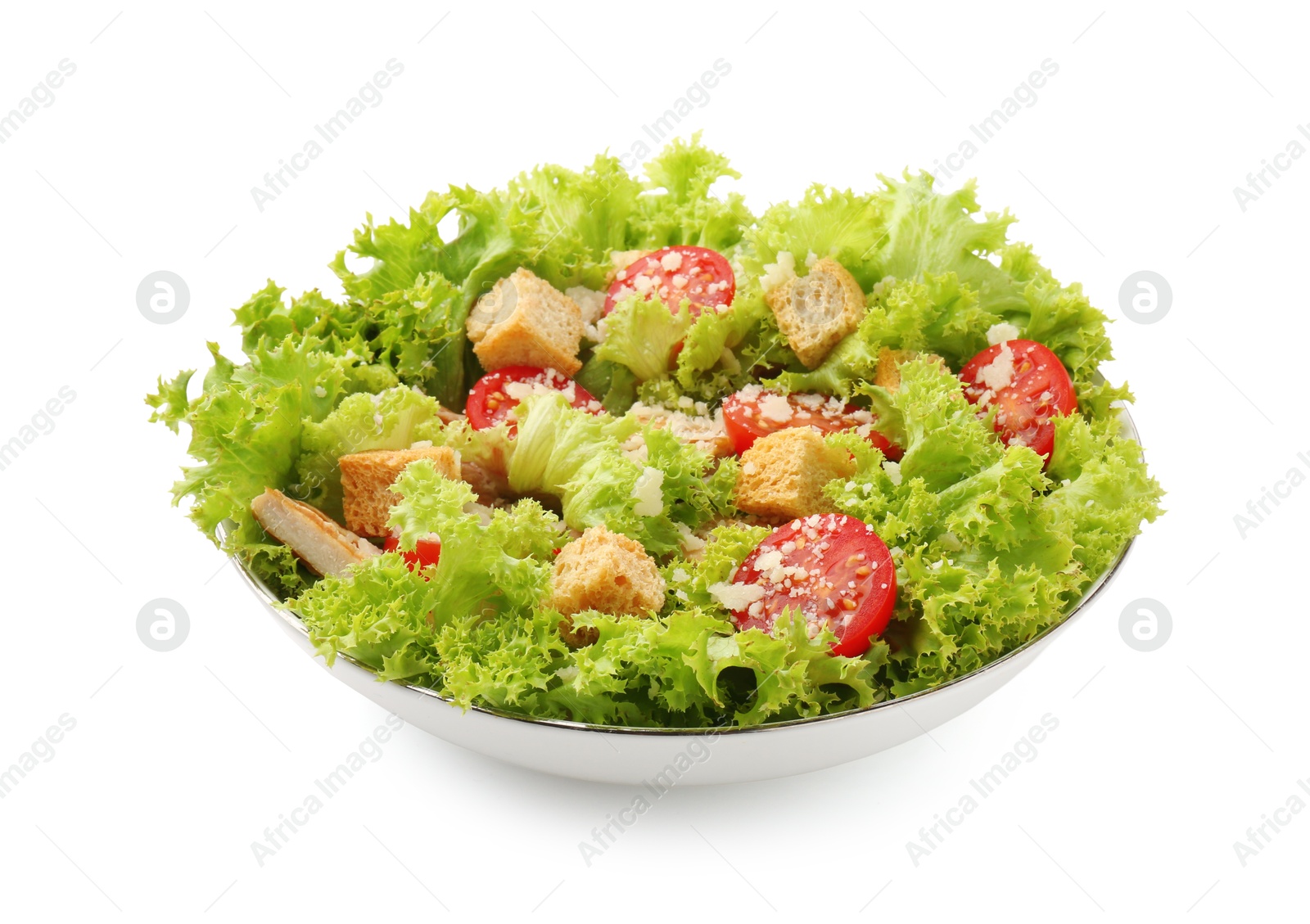Photo of Tasty salad with croutons, tomatoes, cheese and chicken isolated on white