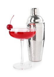 Photo of Tasty cherry cocktail and shaker isolated on white
