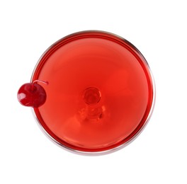 Photo of Tasty cherry cocktail in glass isolated on white, top view