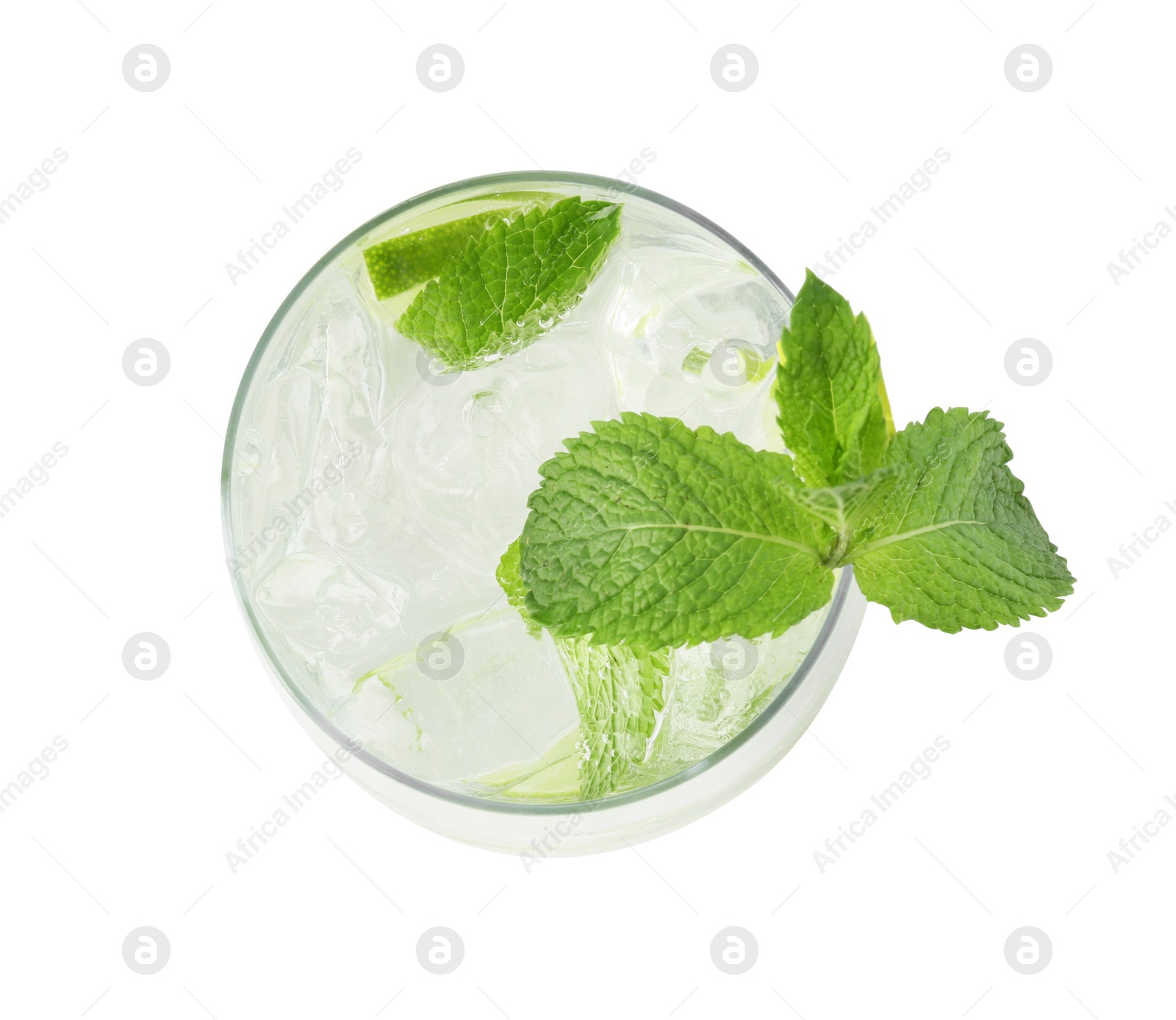Photo of Tasty cocktail with lime and ice cubes isolated on white, top view