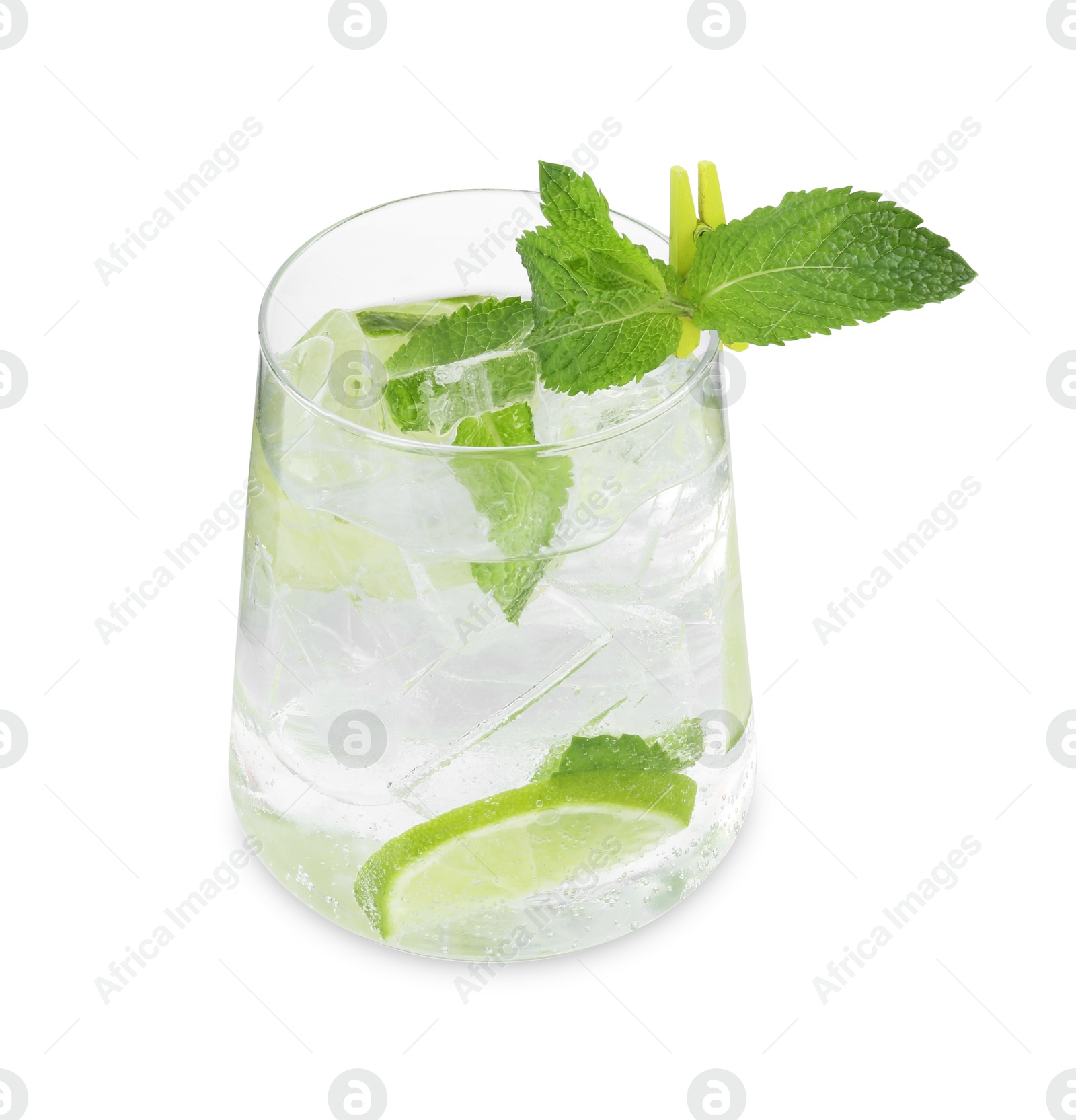 Photo of Tasty cocktail with lime and ice cubes isolated on white