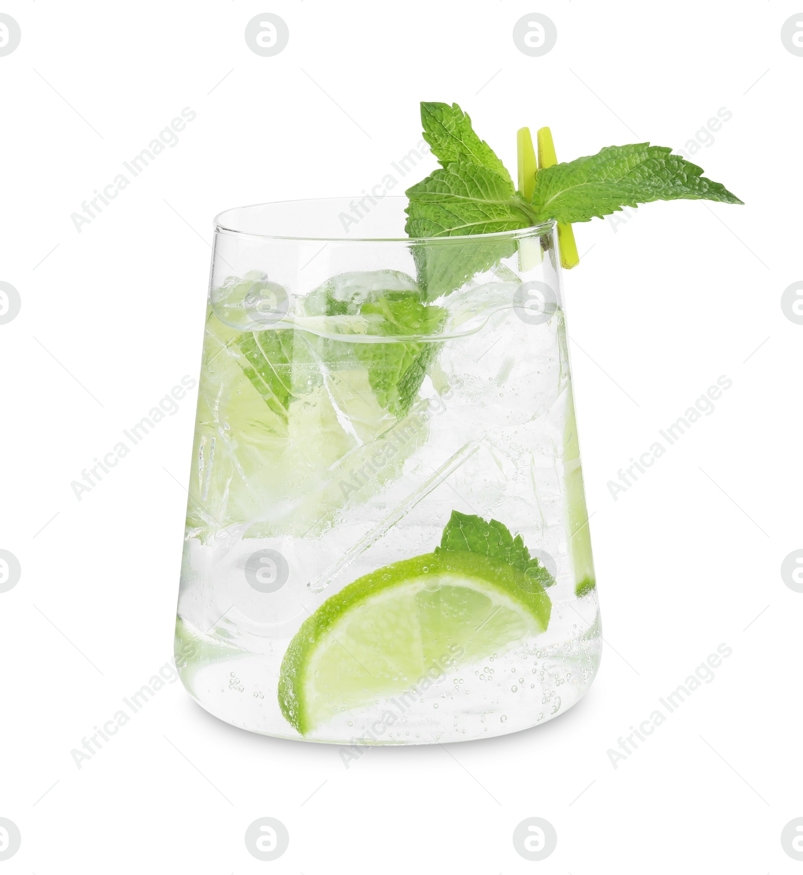 Photo of Tasty cocktail with lime and ice cubes isolated on white