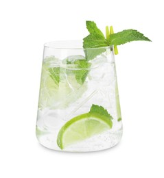 Photo of Tasty cocktail with lime and ice cubes isolated on white
