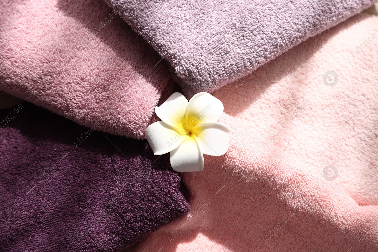 Photo of Soft towels and plumeria flower as background, top view