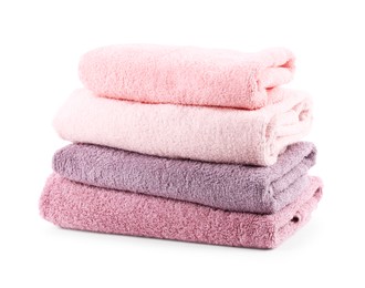 Photo of Stack of soft towels isolated on white