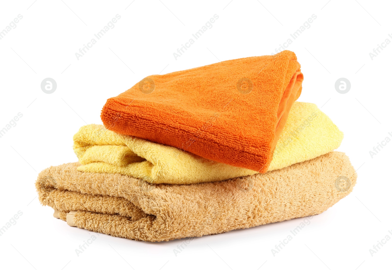 Photo of Stack of soft towels isolated on white