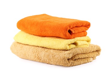 Photo of Stack of soft towels isolated on white