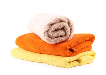Photo of Stack of soft towels isolated on white