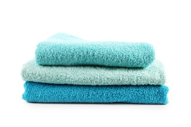 Photo of Stack of soft towels isolated on white