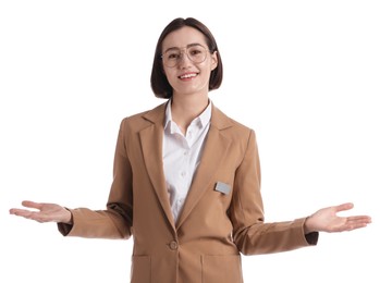 Photo of Portrait of hostess in uniform on white background