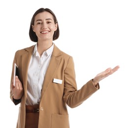 Photo of Smiling hostess in uniform with tablet on white background