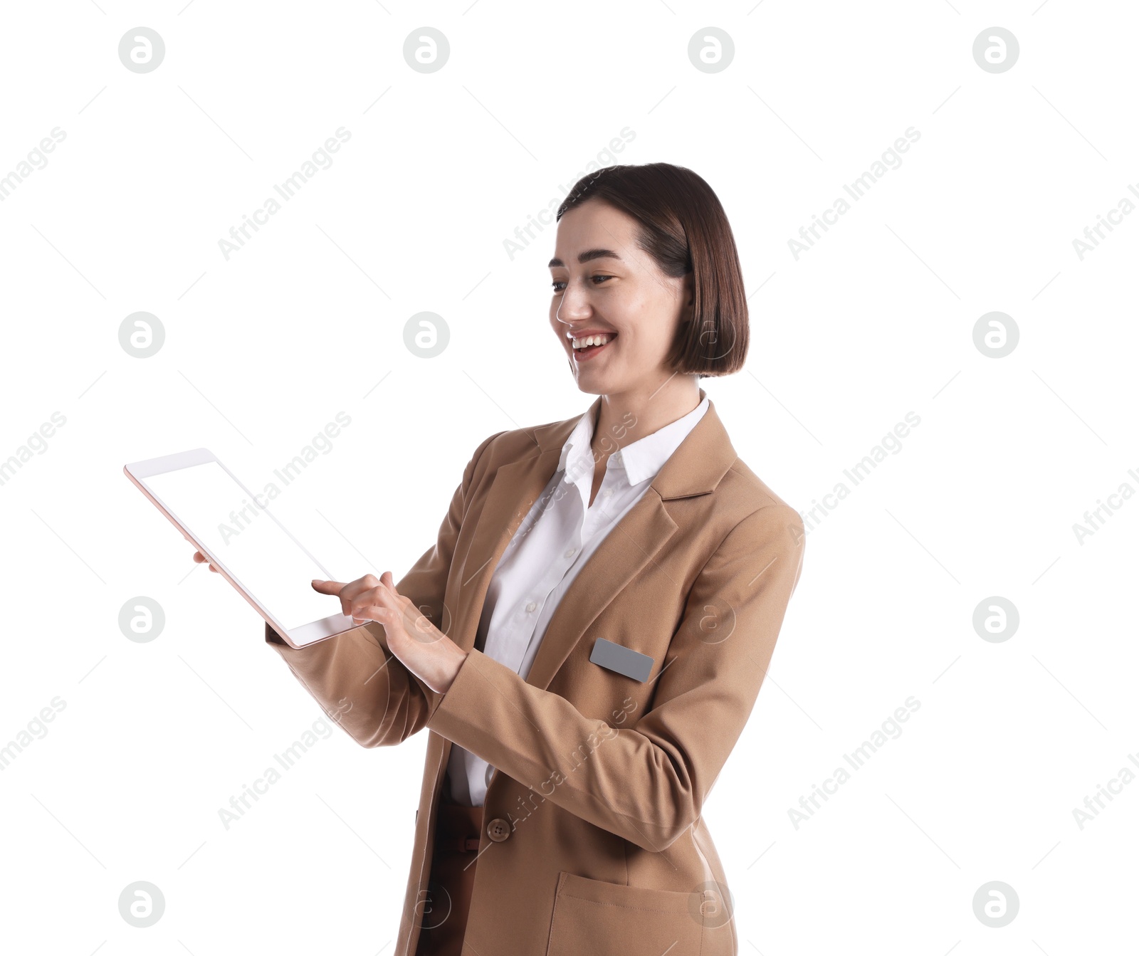 Smiling hostess in uniform with tablet on white background Photo of Smiling hostess in uniform with tablet on white background