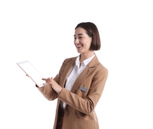 Photo of Smiling hostess in uniform with tablet on white background